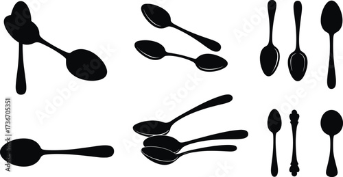 Spoon silhouette icons, black vector set, clustered cutlery styles, kitchen utensil design, food prep decor, culinary illustration pack