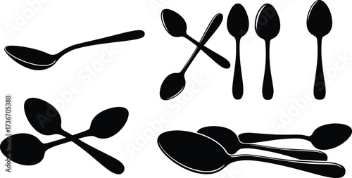 Spoon silhouette icons, black vector set, crossed and grouped styles, kitchen utensil design, food prep decor, illustration pack