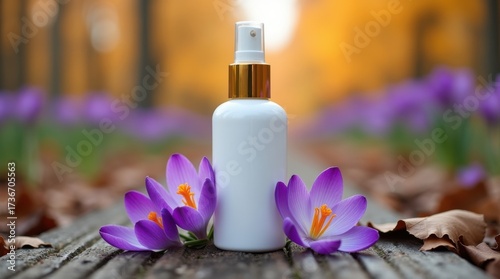White spray bottle with gold accent surrounded by purple crocuses on a wooden surface