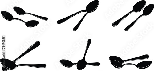Spoon silhouette icons, black vector set, kitchen utensil pairs, cooking decor, cutlery design elements, food prep illustration pack
