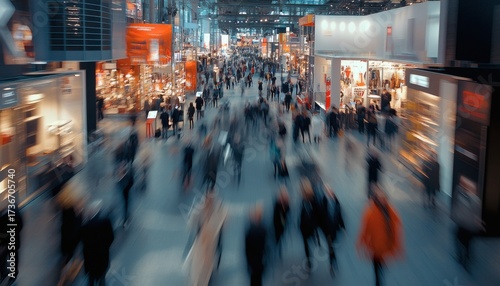 Wallpaper Mural The photograph shows many people moving through a large convention center with numerous vendor booths and signage, captured with motion blur for effect. Torontodigital.ca