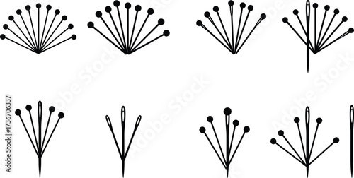 Stylized pins, needle shapes, silhouette icons, abstract layout, fan arrangement, vertical design, black vector, minimal concept, top view, stationery