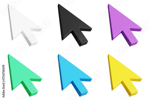 set of black, white, purple, green, blue, yellow 3d computer mouse cursor pointer illustration isolated on transparent background