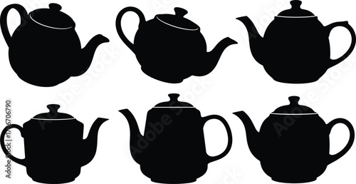 Teapot silhouette icons, black vector set, classic and modern styles, kitchen decor elements, tea brewing appliance illustration pack