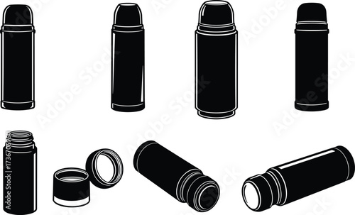 Thermos flask silhouette icons, black vector set, lid and cup variations, kitchenware design, travel bottle decor, illustration pack