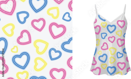 A white camisole with a pattern of blue pink and yellow neon hearts and a fabric sample of the pattern