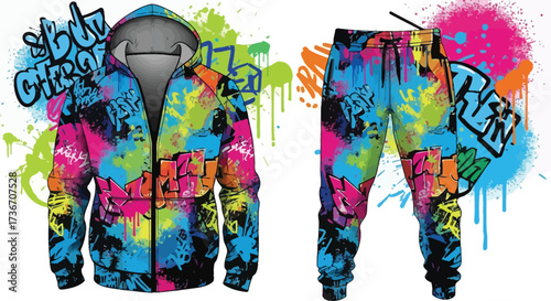 Colorful graffiti tracksuit with hoodie and pants on white background fashion apparel streetwear