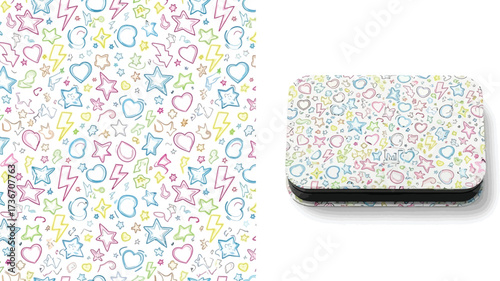 Patterned box with stars hearts and lightning bolts and a matching pattern on a white background