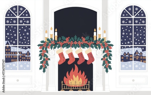Cozy christmas fireplace with stockings and snowing windows for holiday season