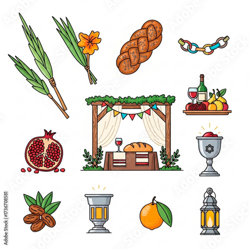 Colorful flat illustration depicting traditional festive elements including fruits, drinks, decorative items, and a beautifully arranged table setting for a joyful celebration atmosphere