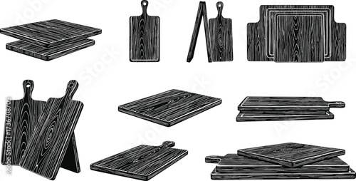 Wooden cutting board illustrations, hand-drawn vector set, rustic kitchen styles, food prep decor, culinary design, utensil pack
