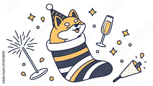 SVG art: A Grumpy Shiba inu in a New Year celebration vibe with snuggled in a sock, tinted with Midnight Sparkle tones
