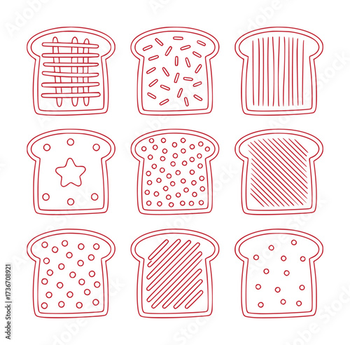 Collection of nine stylized toast slices with various patterns