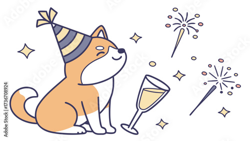 Midnight Sparkle colored Shiba inu with a Sleepy touch, placed in a New Year celebration theme and styled with with a tiny crown