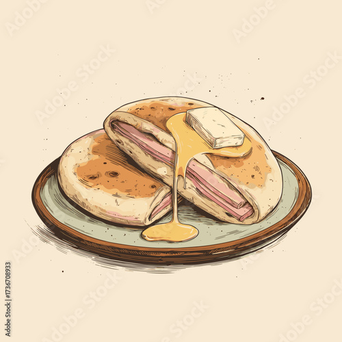 Arepa with Ham, Cheese and Butter on Rustic Plate