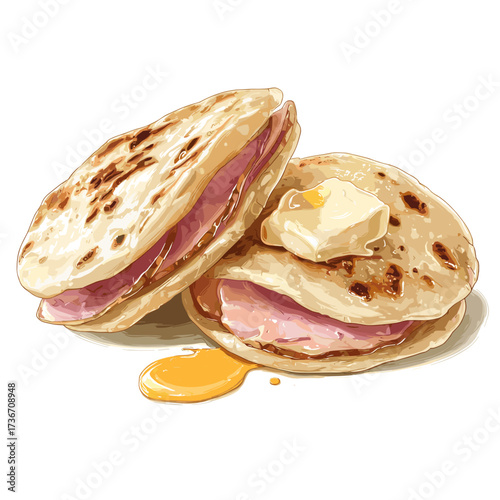 Arepa with Ham, Cheese and Butter on Rustic Plate