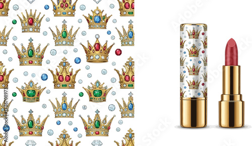Lipstick with crown pattern next to crown and gem background on a white surface in studio shot