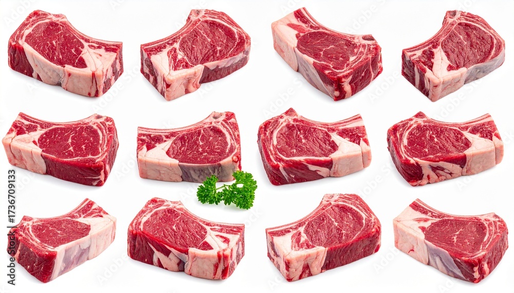 Obraz premium A mouthwatering display of twelve marbled ribeye steaks arranged in rows, showcasing premium cuts and culinary excellence.