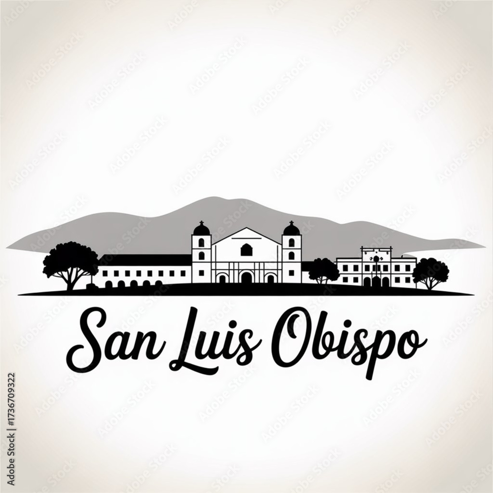 Naklejka premium San Luis Obispo California Skyline Silhouette — Mission City in the Hills Vector Illustration