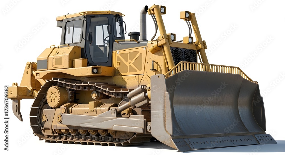 Fototapeta premium Heavy bulldozer machine, Construction bulldozer, Yellow bulldozer vehicle, Industrial bulldozer equipment, Bulldozer with tracks, Large bulldozer on white, Powerful bulldozer machine, Bulldozer constr