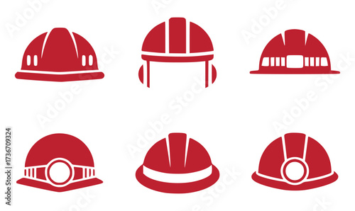 Collection of Red Hard Hat Icons for Safety and Construction
