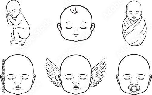 An ultra-high quality vector collection of a sleeping baby, rendered in crisp black and white line art. The set features a baby's peaceful face, a full swaddled body and subtle spiritual variations.