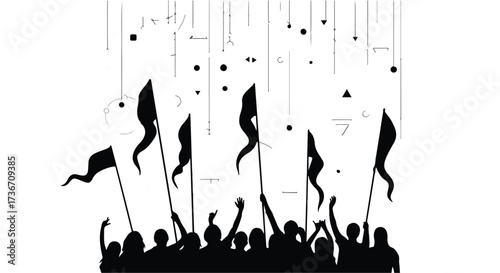 Silhouetted crowd raising flags in a dynamic, celebratory moment with abstract digital elements above.