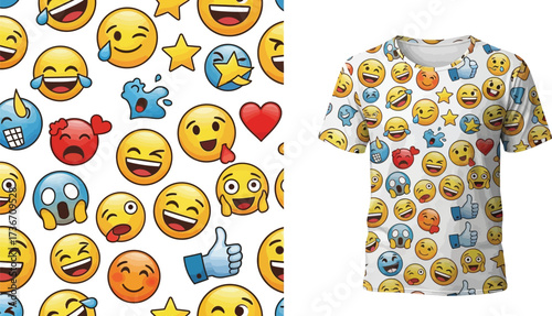 A t shirt with an all over print of various emoji icons and a background of emoji icons as well