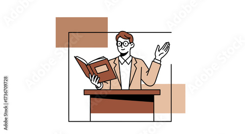 Lecturer Presenting From A Podium, Reading A Book, Illustrating An Idea Or Concept