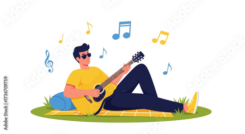 Leisurely Musical Moments: A Guitarist Relaxing Outdoors Amidst Floating Melodies