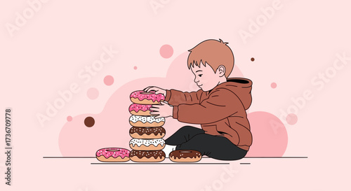 Little Boy Constructing Tower Of Various Donuts With Pink Background Illustration