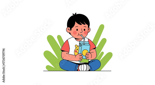 Little Boy Enjoying Beverage In A Simple Vector Art Style During A Relaxing Break