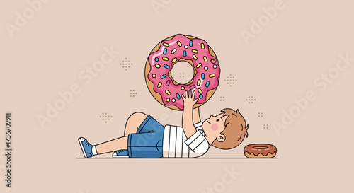 Joyful Child Reclining While Holding a Large Pink Donut in Celebration