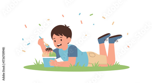 Joyful Child Relaxes Outdoors While Enjoying Colorful Delicious Ice Cream Delight