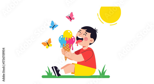Joyful Child Relishes Ice Cream Cone Delightfully Under Sunny Skies
