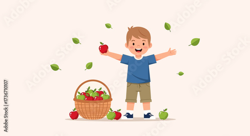 Joyful Child With Apples In A Basket Celebrating The Abundance Of The Harvest Season