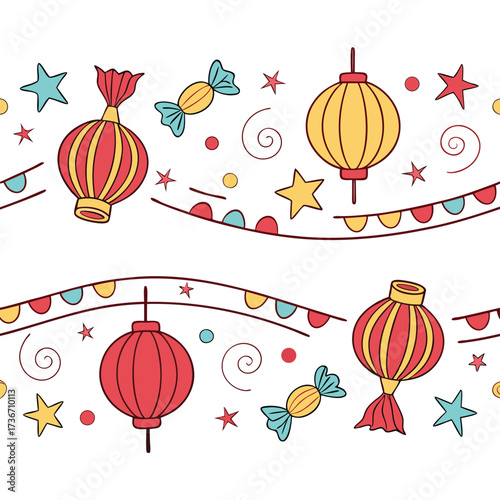 Festive chinese new year seamless pattern with lanterns stars and candy design