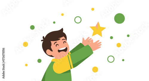 Joyful Child With Extended Arms Reaching For Bright Golden Star With Smiling Expression