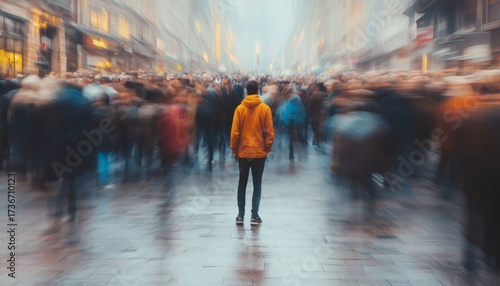 Wallpaper Mural A lone individual in an orange jacket stands still in a city center, while many people move quickly around them in a blurred motion. Torontodigital.ca