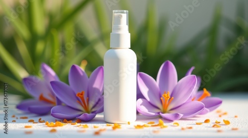 White spray bottle with purple crocus flowers and saffron threads