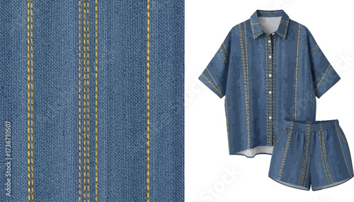 A denim shirt and shorts set with vertical stitching detail alongside a denim fabric close up shot