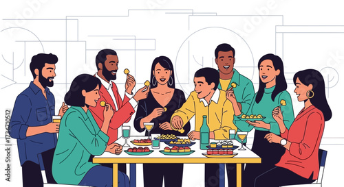 Joyful Friends Together Eating Appetizers At A Party Celebrating A Special Occasion