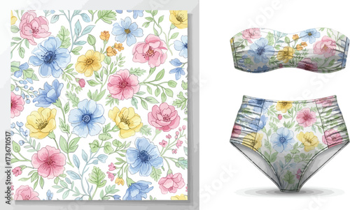 Floral pattern swatch with matching bikini set featuring pink blue and yellow watercolor flowers design