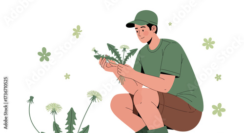 Joyful Gardener Collecting Dandelions: An Illustration of Nature's Bounty and Simple Pleasures