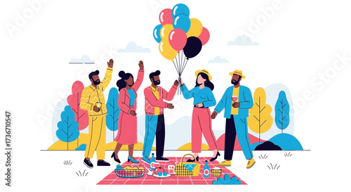 Joyful Gathering: A Colorful Outdoor Picnic with Friends and Balloons