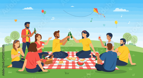 Joyful Gathering: Friends Enjoying A Festive Outdoor Picnic On A Delightful Sunny Day