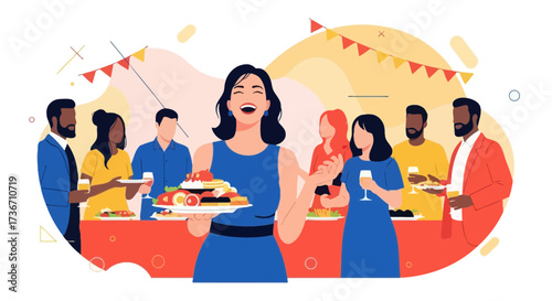 Joyful Gathering With Friends at a Celebration with Festive Decor and Delicious Food
