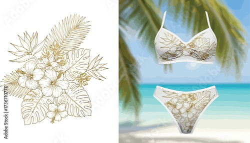 Tropical floral line art design with hibiscus and bikini on a beach background with palm tree