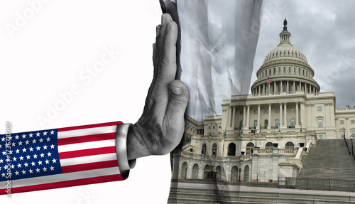 American Government Shutdown and US Government and Closed federal system that is shut down or closing as the United States stalemate due to spending bill disagreement between the left and right.