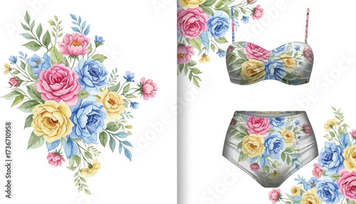 Watercolor floral arrangement with pink yellow and blue roses next to floral bikini set on white